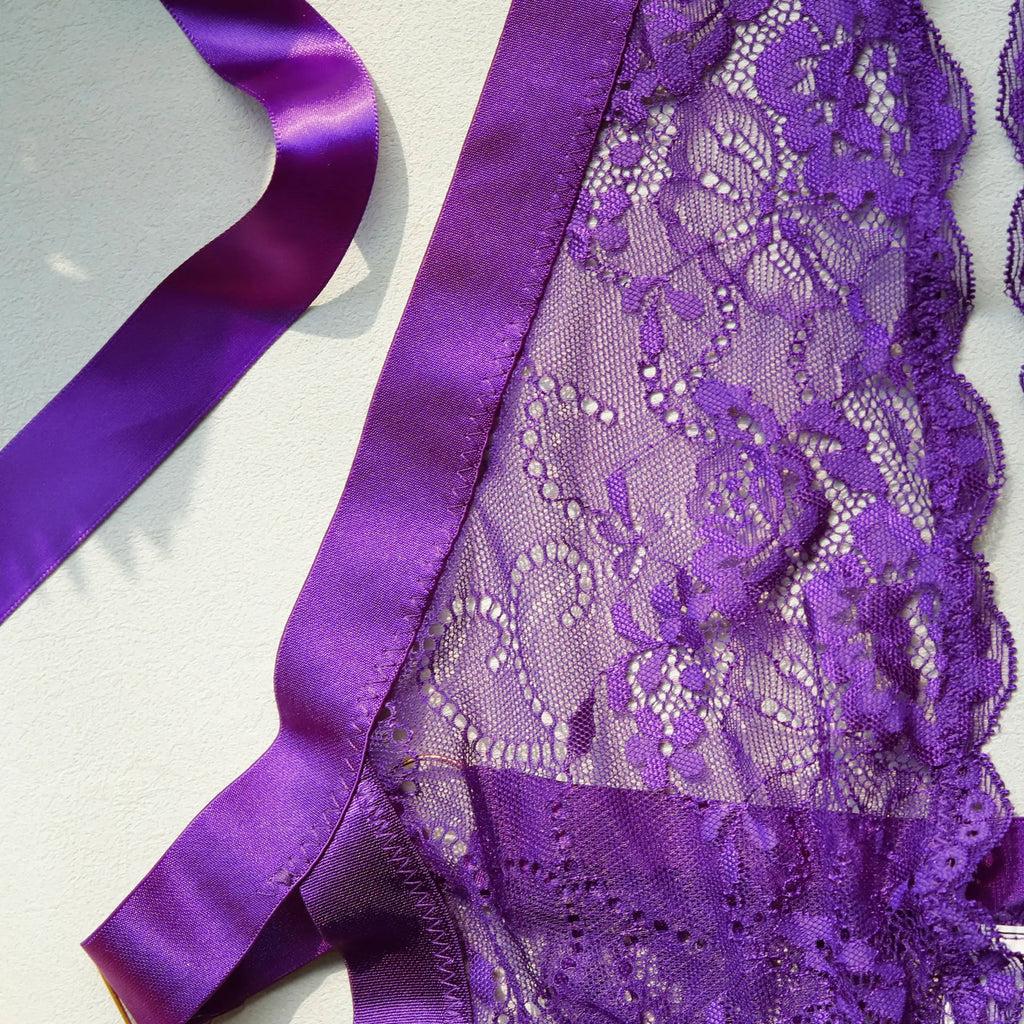 New Purple Sexy Lace Bodysuits Deep V Neck Halter Mesh Solid Color Bodysuits Charming  Pure Desire Transparent Flower Print OOB5