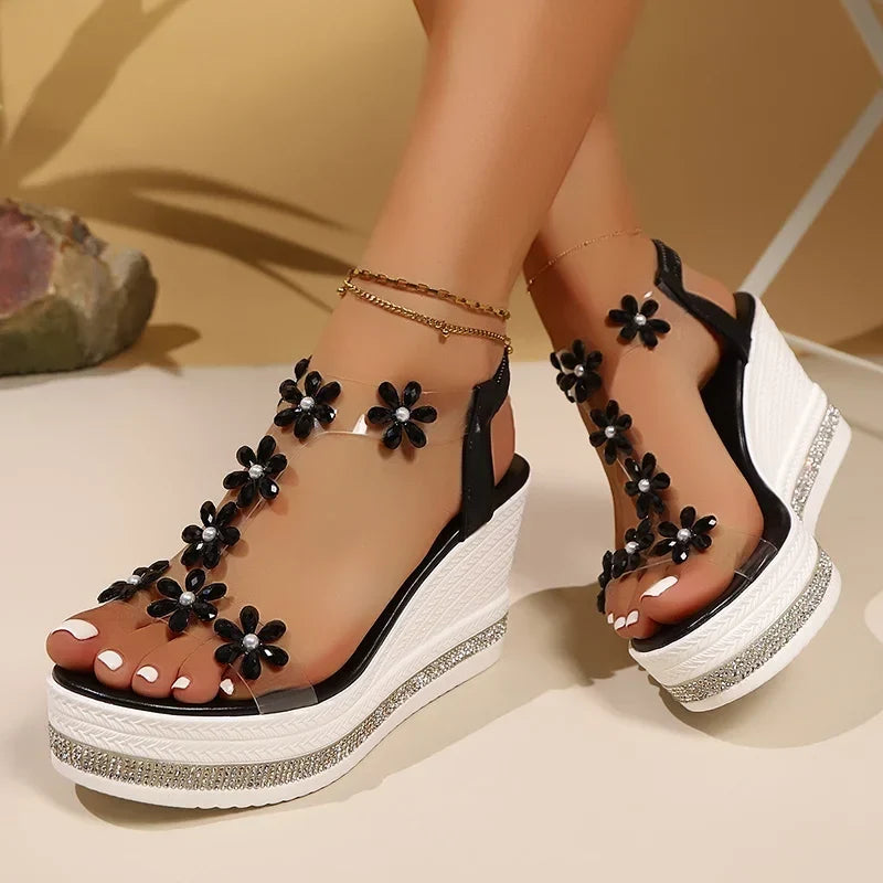 Elegant Rhinestones Flowers Sandals Women Fashion Crystal Chunky Platform Sandles Woman Slip On Wedge High Heels Sandalias Mujer