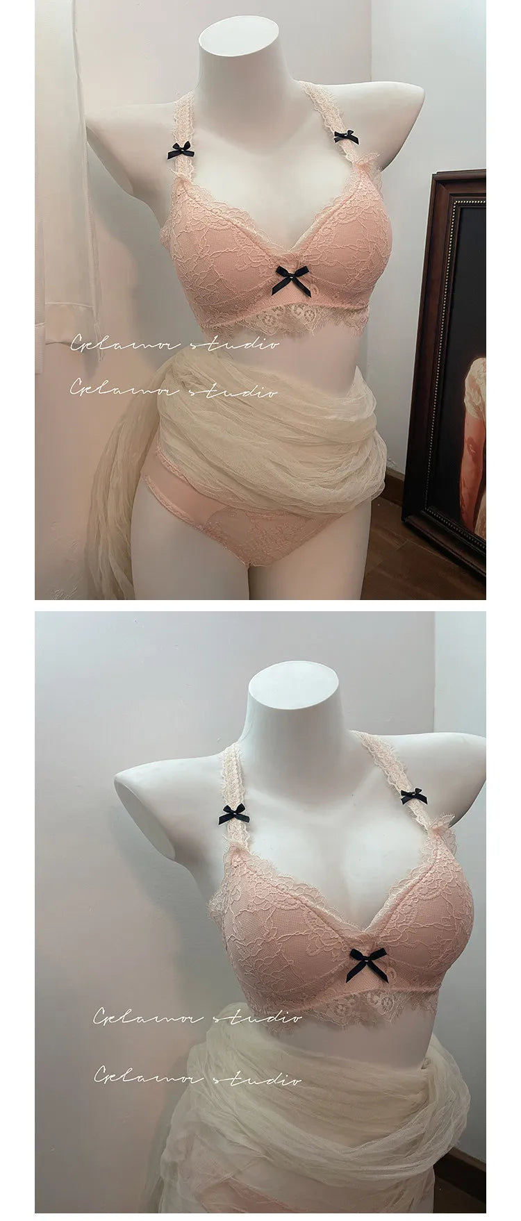 Elegant French Halter Neck Bra Set, Lace Wireless Bralette for Small Bust, Push Up Sensual Underwear Bralette & Panty MOYISU Bra