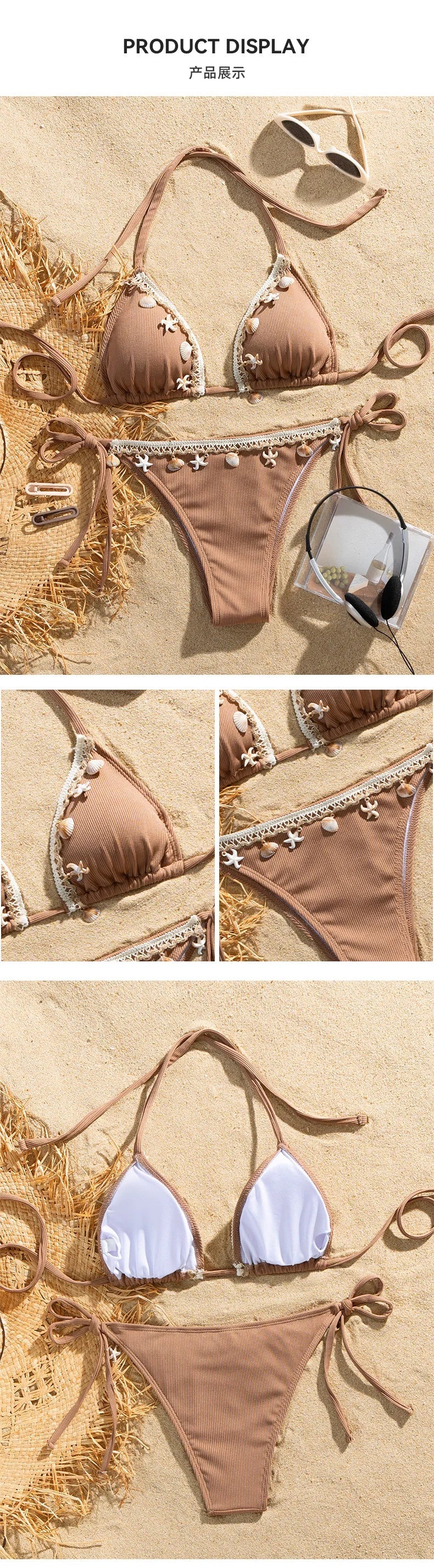 Shell Decoration Halter String Strappy Bikini Women Swimwear Female Swimsuit Two-pieces Bikini Set Ribbed Bathing Suit Swim Lady
