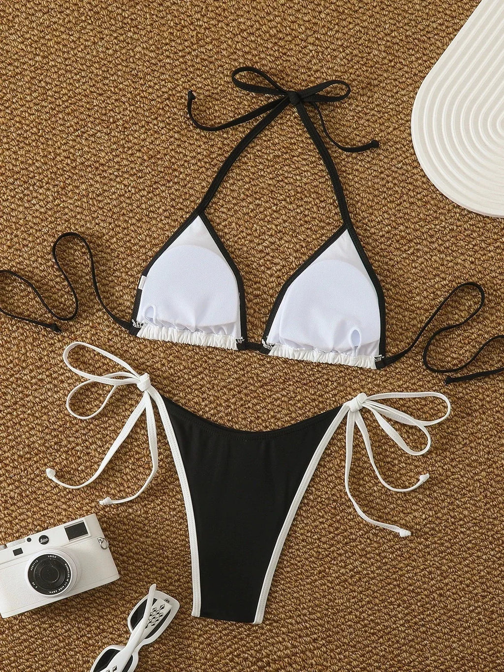 Sexy White Black Patchwork Micro Bikini Women Halter Push Up Bra Bandage Thong Swimsuit 2026 Bathing Suit Holiday Pool Swimwear