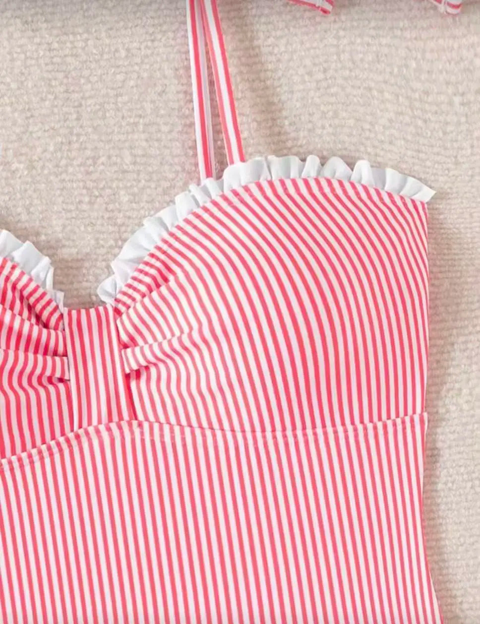 2026 Strappy Swimsuit One Piece Sexy Striped Ruffle Swimwear Women Bathers Bathing Swimming Swim Suit Padded Beachwear Summer