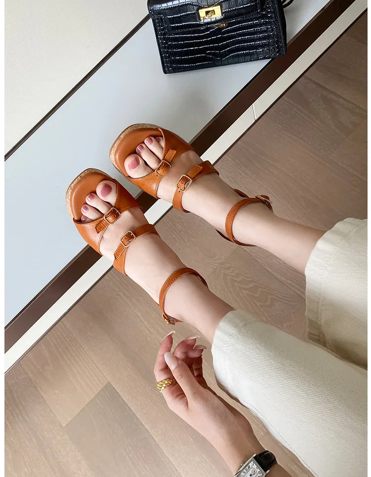 Women’s Sandals Cowhide Shoes Thick Platform Heel Sandals Elegant Lady Summer Apricot High Heel Peep Toe Buckle Sandals