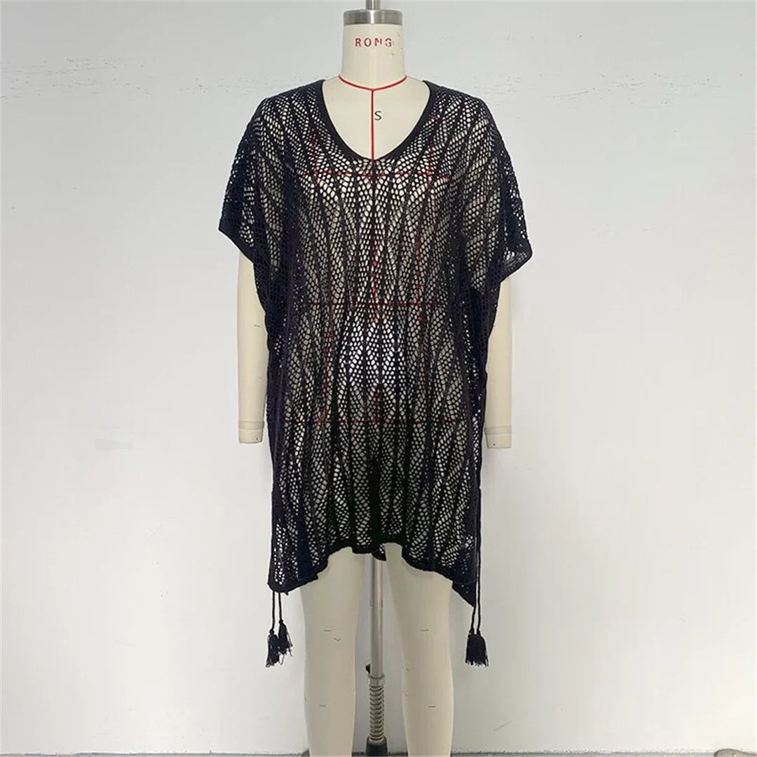 Sexy Short Sleeve Hollow Out Crochet Knitted Tunic Beach Cover Up Cover-ups Beach Dress Beach Wear Beachwear Female Women K6686
