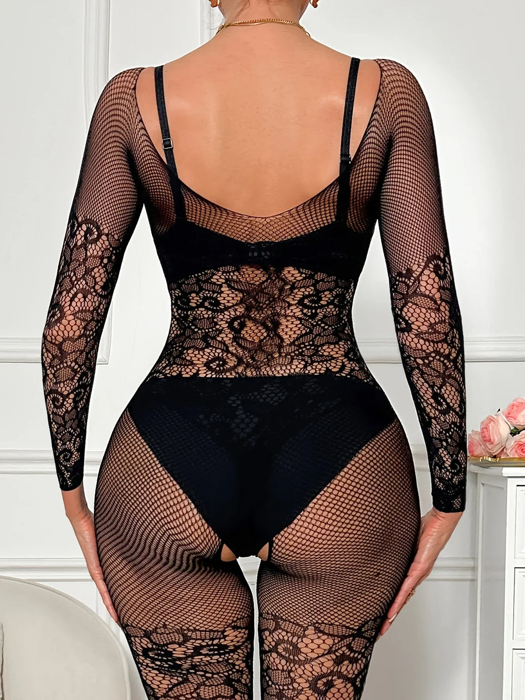 Women's One-Piece Trousers Tights Long Sleeve Half See-through Off-Shoulder Party Outfit Crotchless Bold Underwear Sexy Body Set