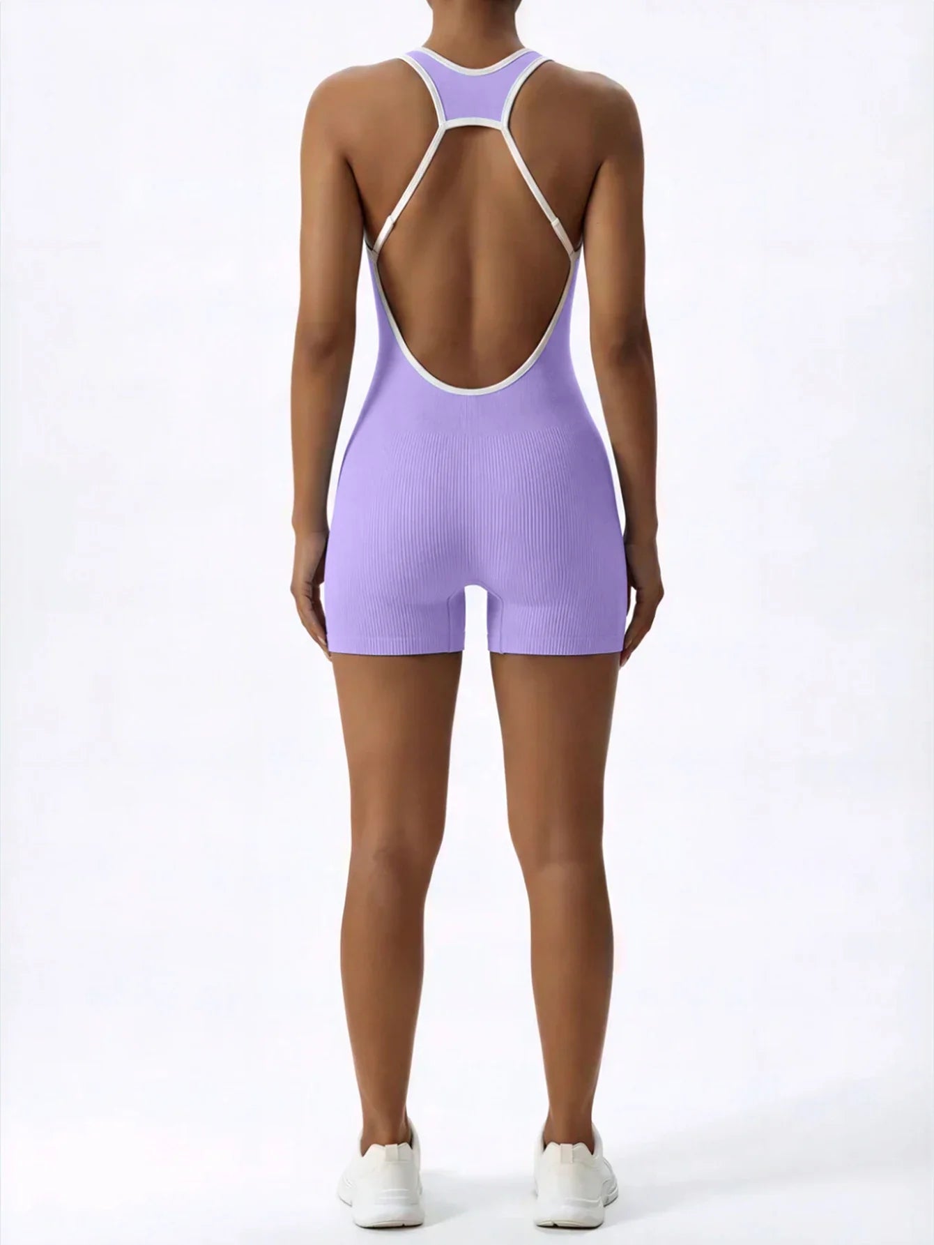 Sleeveless Contrast Trim Backless Yoga Romper Seamless Body Shaping Sport Jumpsuit for Running Training