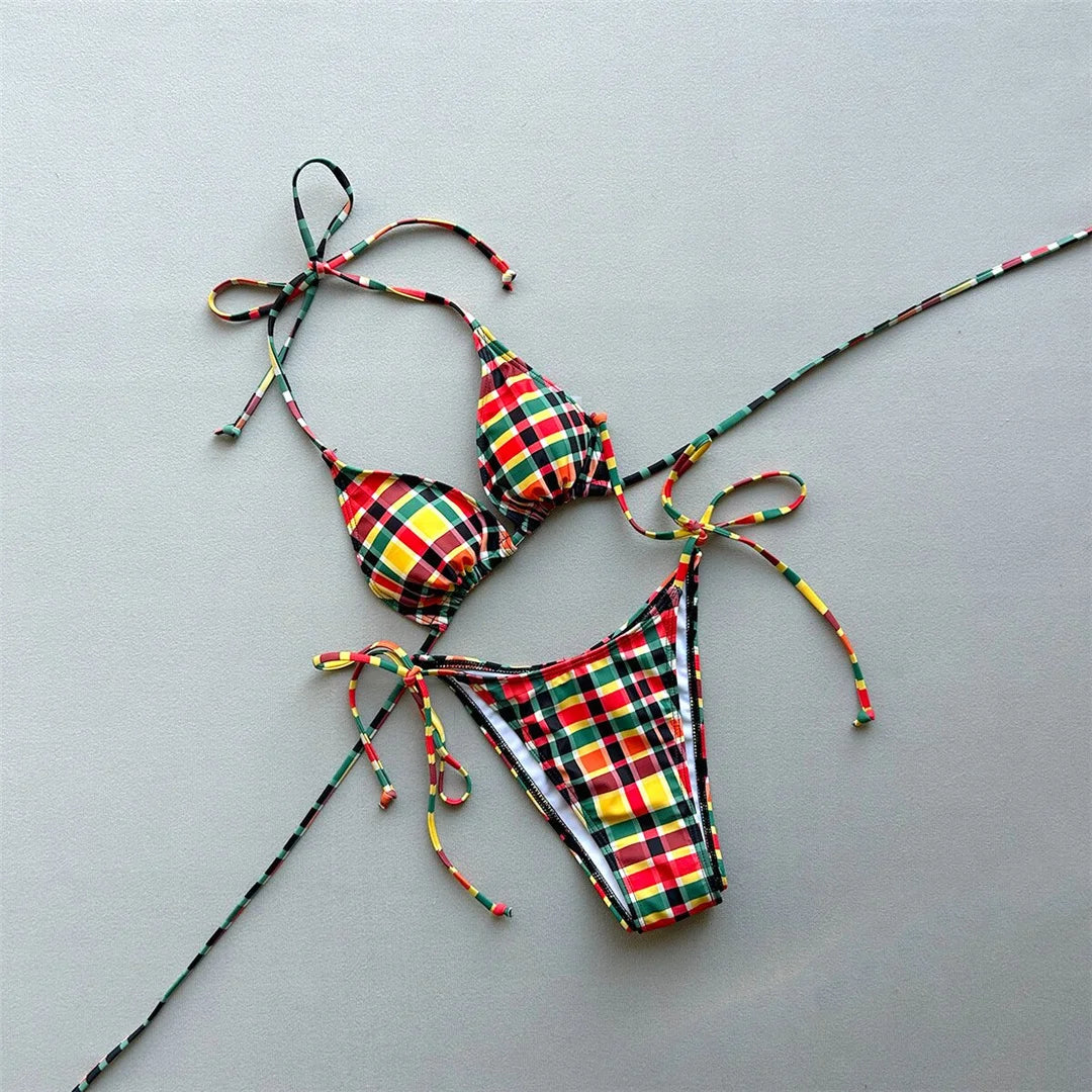 Sexy Plaid Halter Bikini Female Swimsuit Women Swimwear Two-pieces Bikini set High Leg Cut Padded Bather Bathing Suit Swim V7930