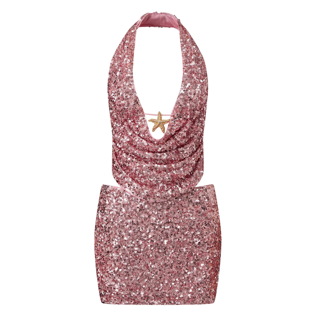 Summer Women Party Evening Sequins Outfits Backless Halter Low Cut Vest and Pencil Skirt Sets Y2K Aesthetic Clothes