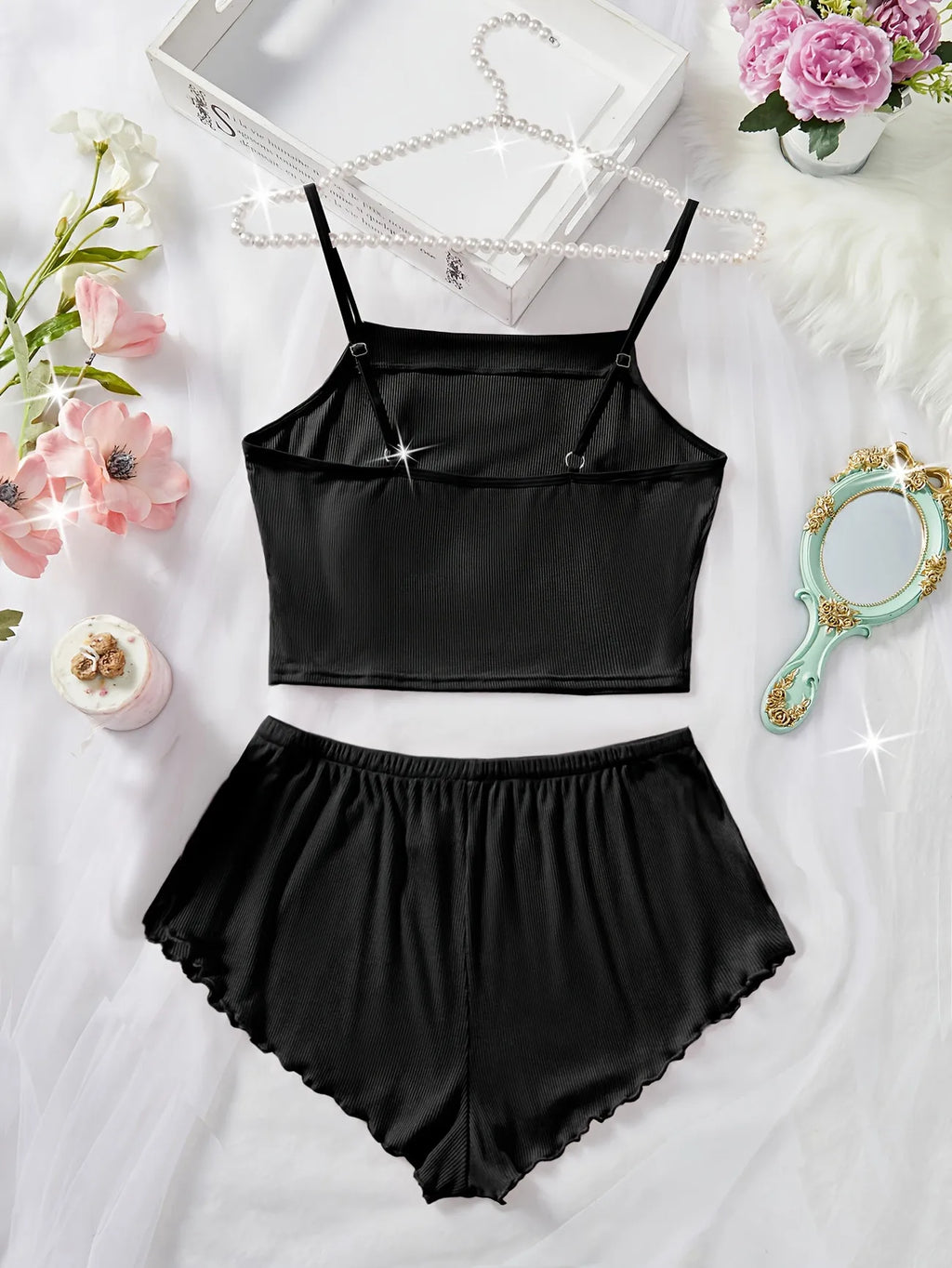Women's Pajama Set Solid Color Camisole Crop Top and Ruffle Shorts, Sleeveless Soft Sleepwear, Summer Loungewear Outfit