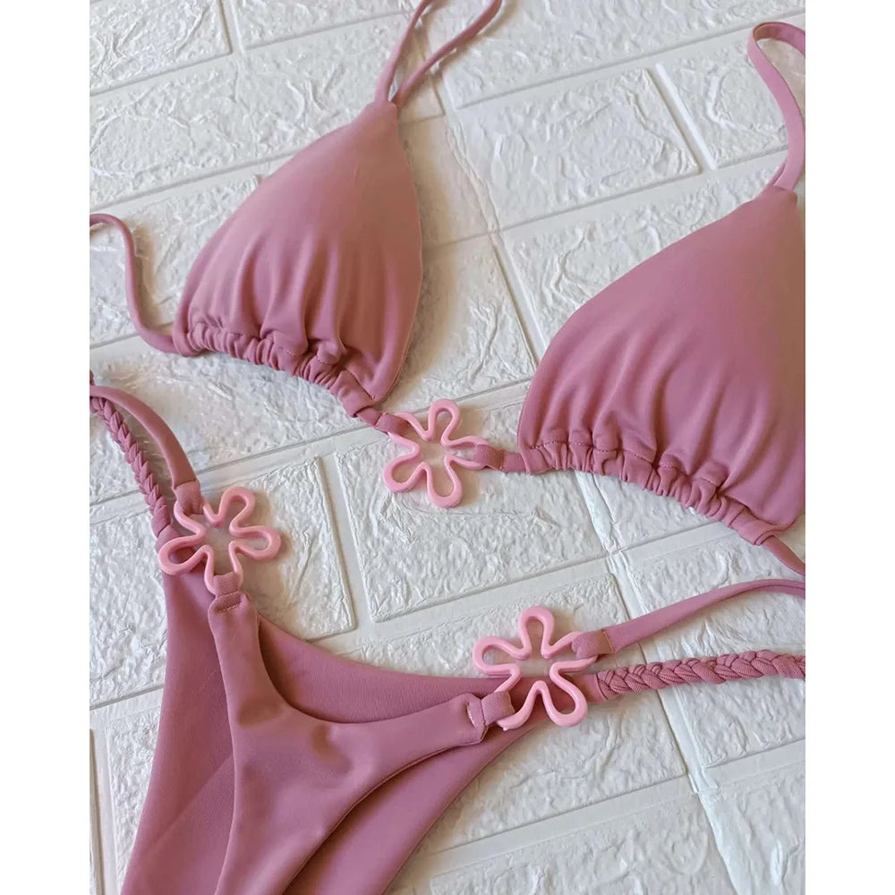 2025 Halter Bikinis Women Swimsuit New Sexy Swimwear Floral Brazilian Bikini Set Micro Biquini Female Cute Solid Beachwear