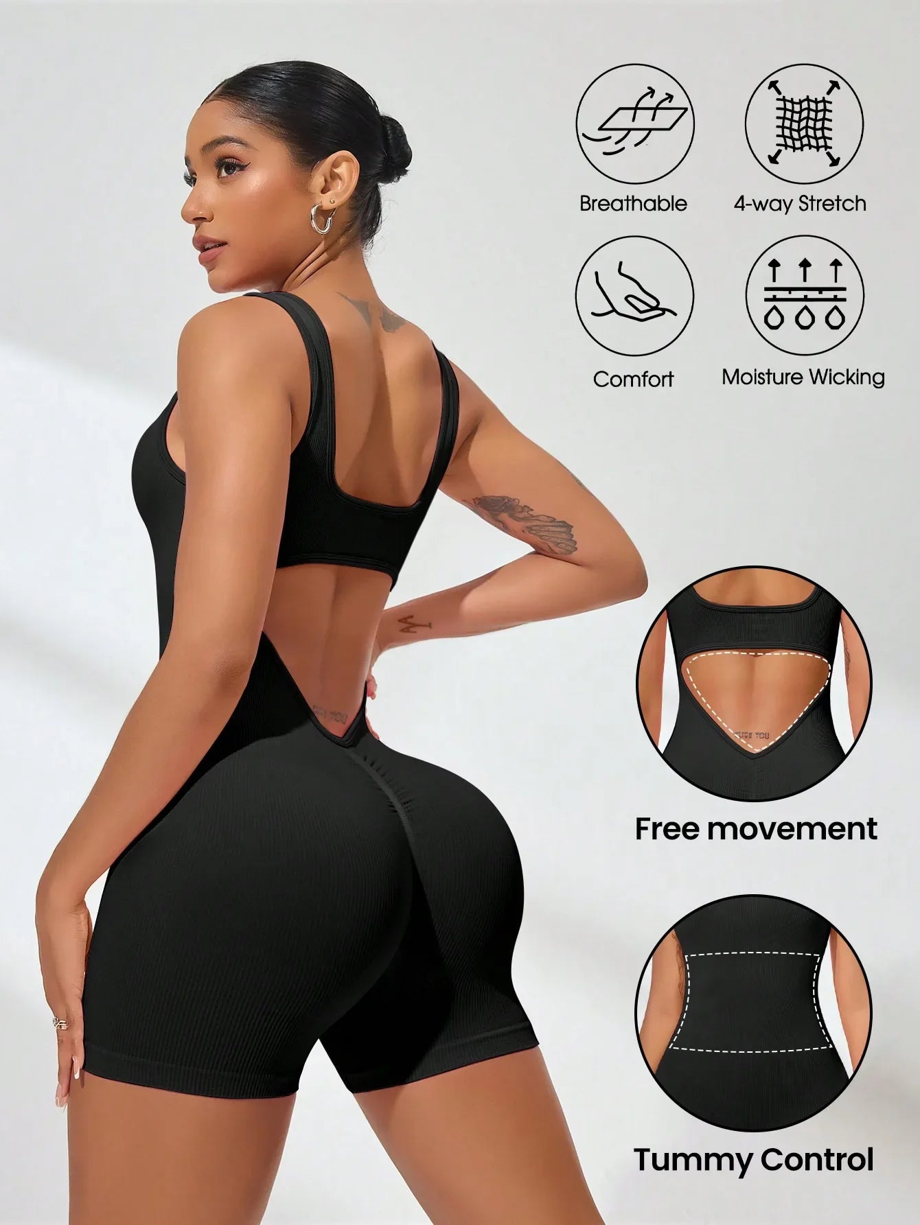 Women's Solid Colour Threaded Backless Yoga Suit U Neck Sleeveless Sports Jumpsuit Stretch Women Bodysuit Without Bust Pads