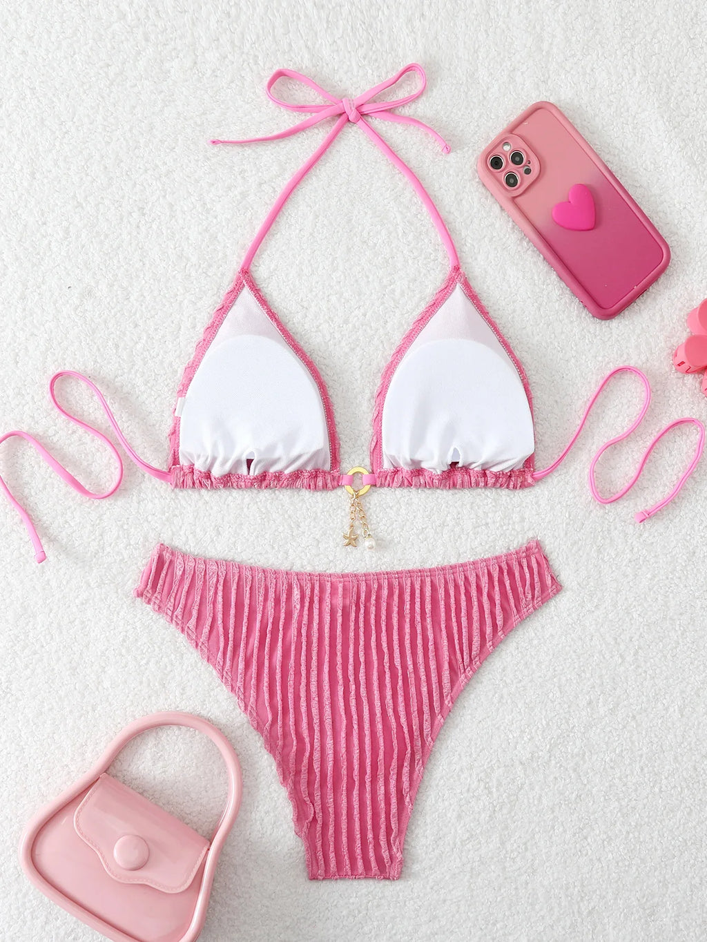 Triangle Halter String Bikinis 2026 Women Sexy Swimsuit Solid Ring Linked Swimwear Female Bathers Bathing Swimming Swim Suit