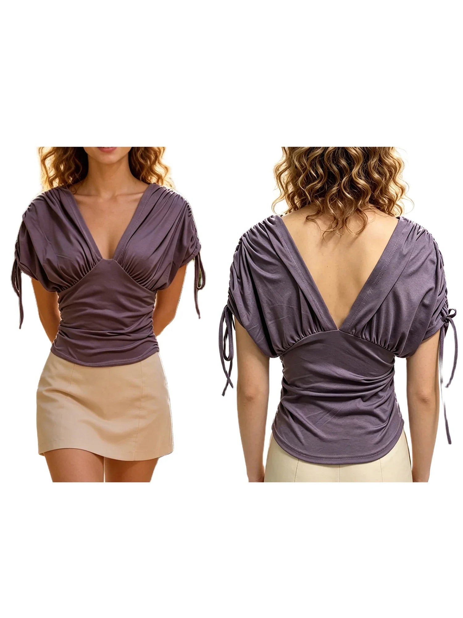 Womens Summer Solid Color Drawstring Tops Casual Stylish Ruched Slim Fit Short Sleeve T-shirts
