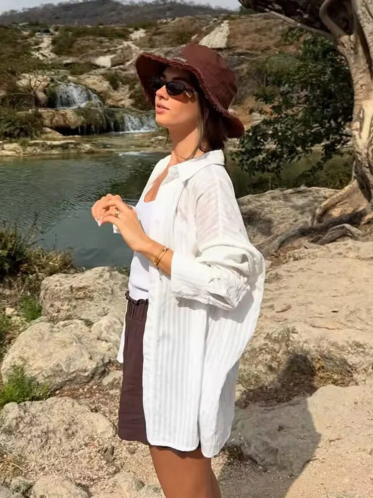 Foridol White Striped Blusas Para Mujer Spring Summer Casual Women Shirt Single Breasted Long Sleeve Loose Shirts Blouses 2025