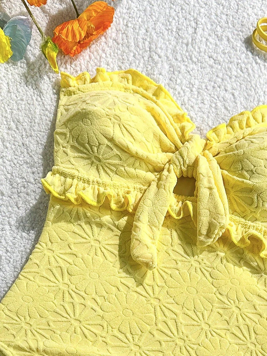 S - XL Floral Printed Strapless Ruffled Frilled One Piece Swimsuit Women Swimwear Female Monokini Knotted Bathing Suit Swim Lady