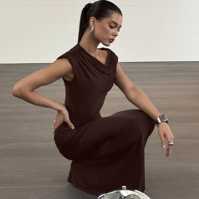 FDYOUI Woman Clothes Diagonal Collar Ruched Brown Long Dresses 2026 Summer Lady Chic One Shoulder Sleeveless Tunics Party Dress