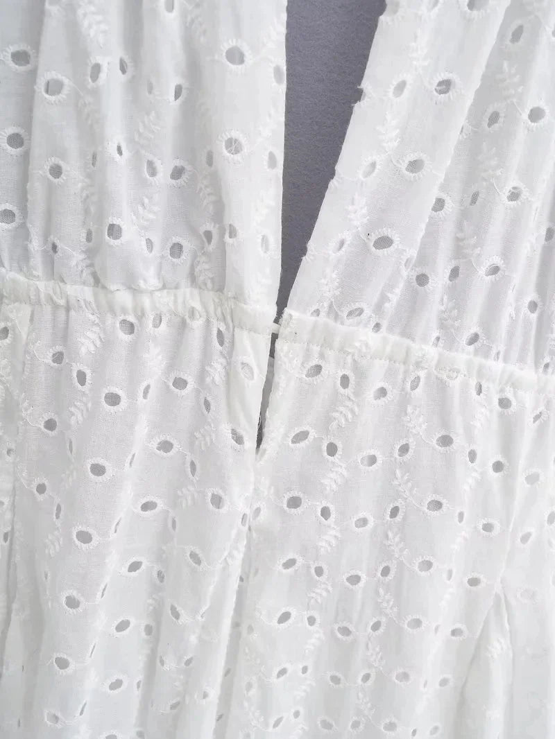 Foridol White Beach Summer Dress Women Backless Cotton Lace Short Autumn Sundress Women Clothing Halter A-line Pleated Dress