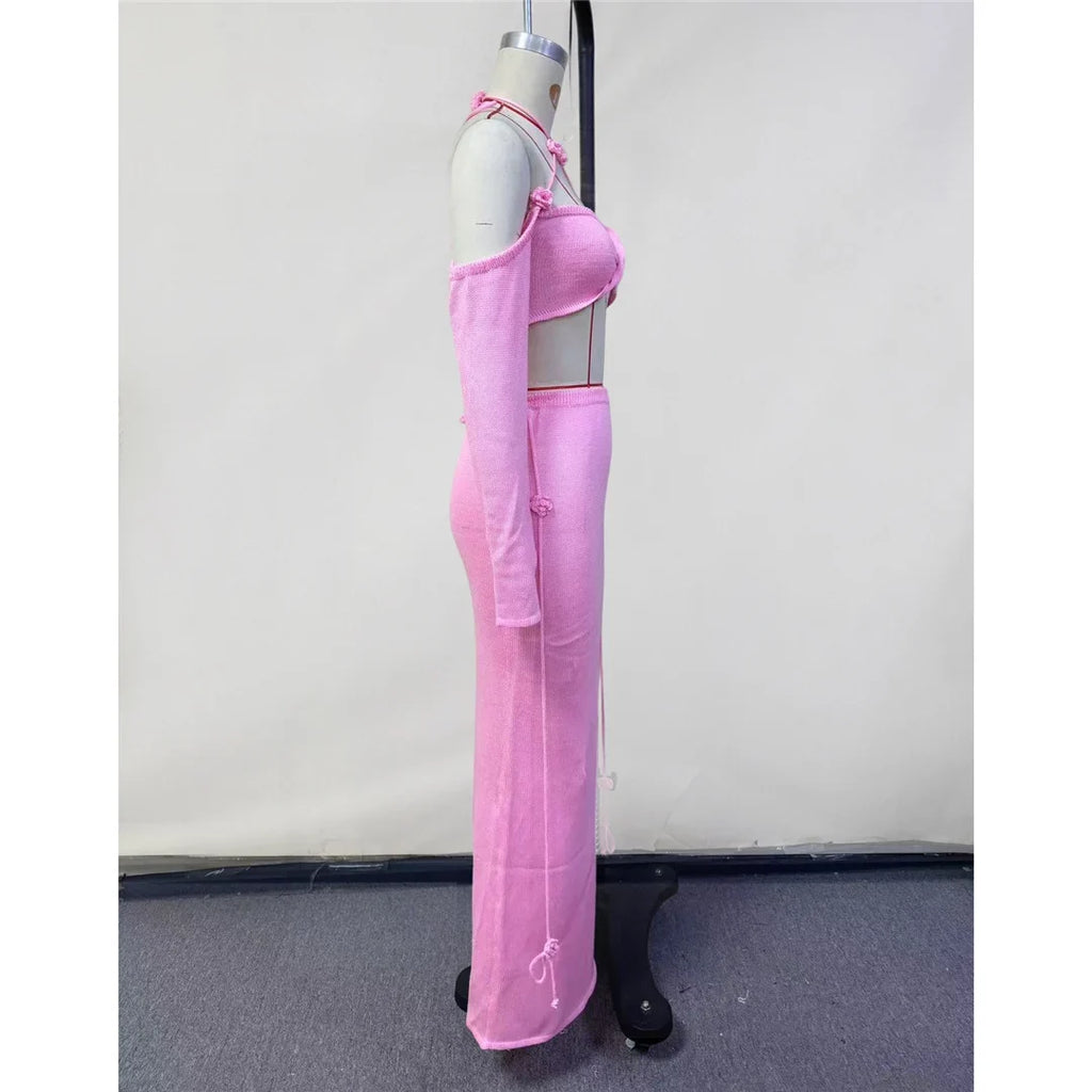 Sexy Knitted Sling Long Skirts Woman's Set Casual Slim Solid Lace Up Tube Tops Slit Skirt Sets Female Summer Beach Dress V6187