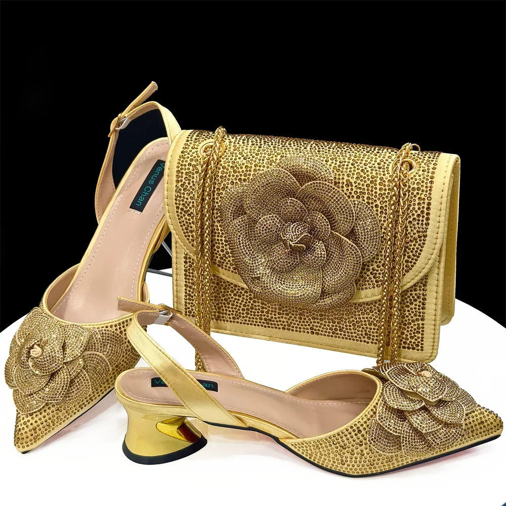 Doershow African fashion Italian Shoes And Bag Sets For Evening Party With Stones gold Italian Handbags Match Bags! HDF1-3