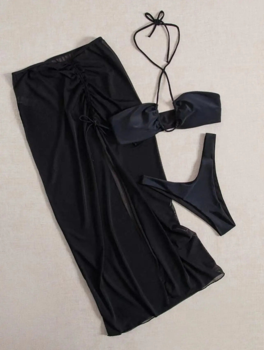 3 Pieces Thong Bikini 2026 Women With Dress Black Swimwear Female Halter Swimsuit Beach Wear Bathing Swimming Suit Summer