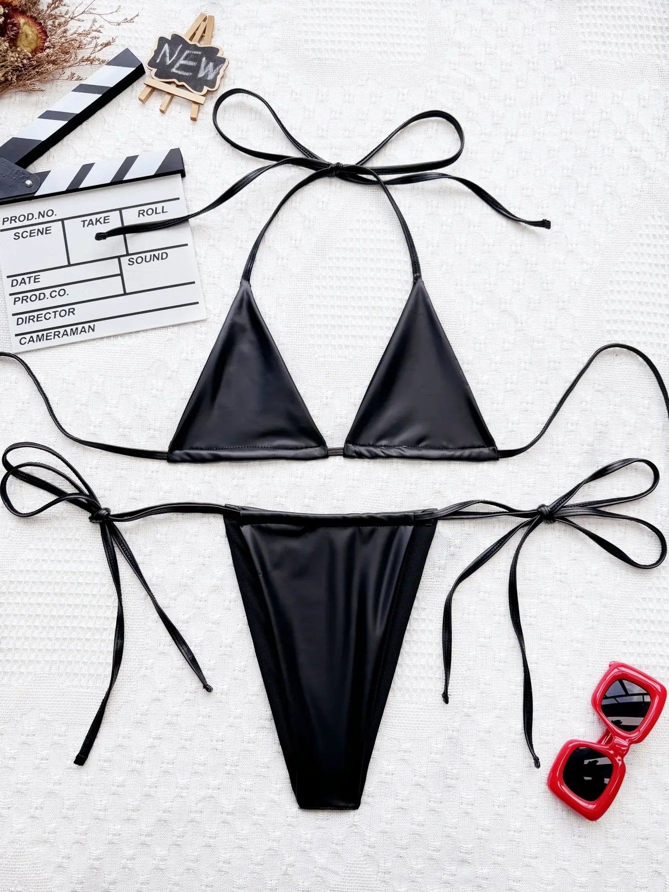 DEKA PU Faux Bikini Set Leather Halter High Leg Cut Female Swimsuit Women Sliver Swimwear Bikini Bather Bathing Suit Swim