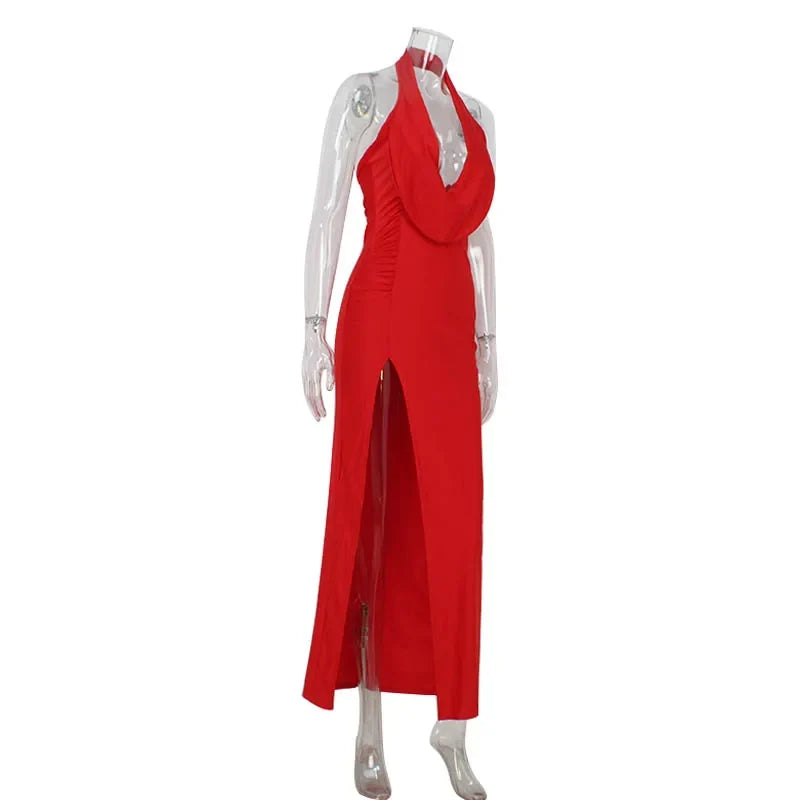 Ahagaga Fashion Sexy Women's Party Dresses Solid Swinging Collar High Split Sleeveless Maxi Slim Folds Blackless Vestidos Robes