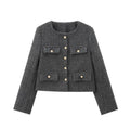Foridol Tweed Knitted Dark Grey Blazer Coat Women Autumn Winter Gingham Short Coat Office Lady Vintage Buttons Veste