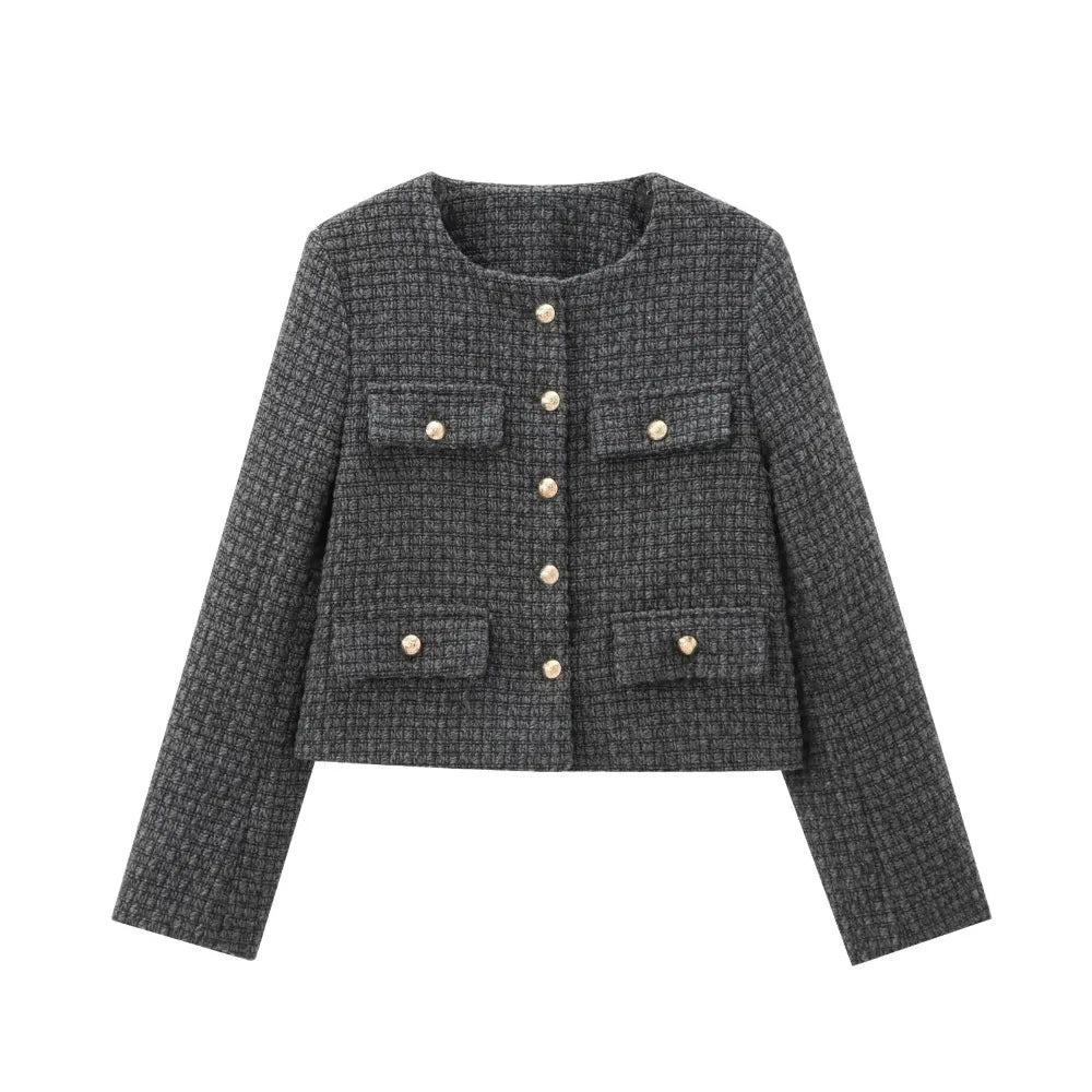 Foridol Tweed Knitted Dark Grey Blazer Coat Women Autumn Winter Gingham Short Coat Office Lady Vintage Buttons Veste