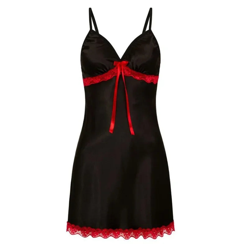 Lace Silk Satin Nightdress Women Sleepwear Lingerie Sleeveless Straps Mini Dress with Panties Nighties Nightgown
