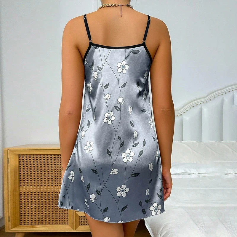 Women's Sleepwear Summer Floral Print Satin Nightgown Casual Sleeveless Backless Slip Night Dress Sexy Nightdress Home Clothes