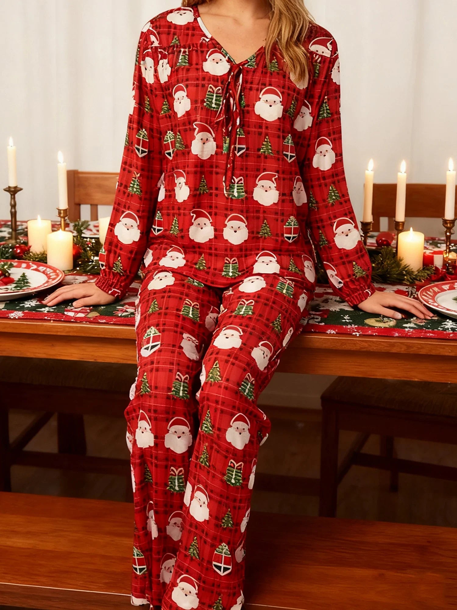 Women Christmas Pajamas Long Sleeve Tie-up V Neck Tops and Pants Loose Fall Winter Two Piece Loungewear