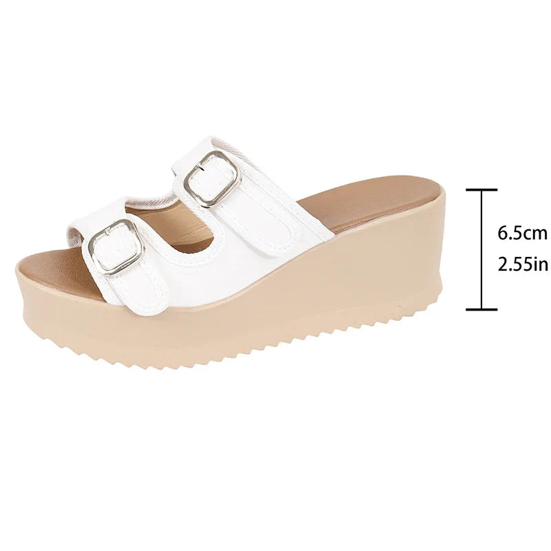 Summer Women's Chunky Platform Sandals 2026 Thick Bottom Wedges Slippers Women Plus Size 43 Double Buckle Casual Sandles Woman
