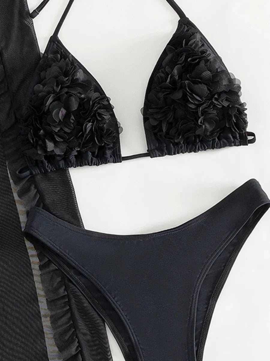 3D Flowers Ruffled Halter Long Skirt Bikini Women Swimwear Female Swimsuit Three-pieces Bikini Set Bathing Suit Swim Beach Wear