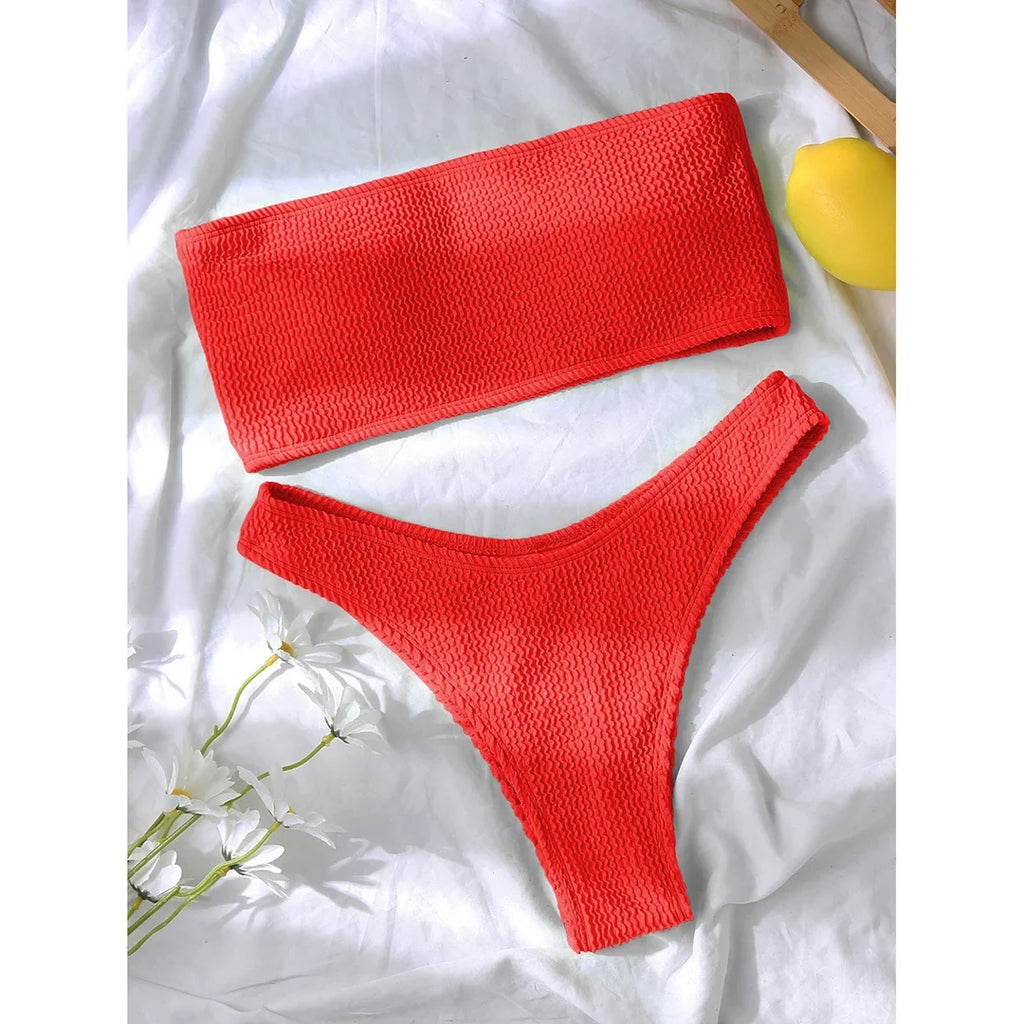 Bandeau Wrinkled Crinkled Bikini Female Swimsuit Women Swimwear Two-pieces Bikini set High Cut Bather Bathing Suit Swim V3314