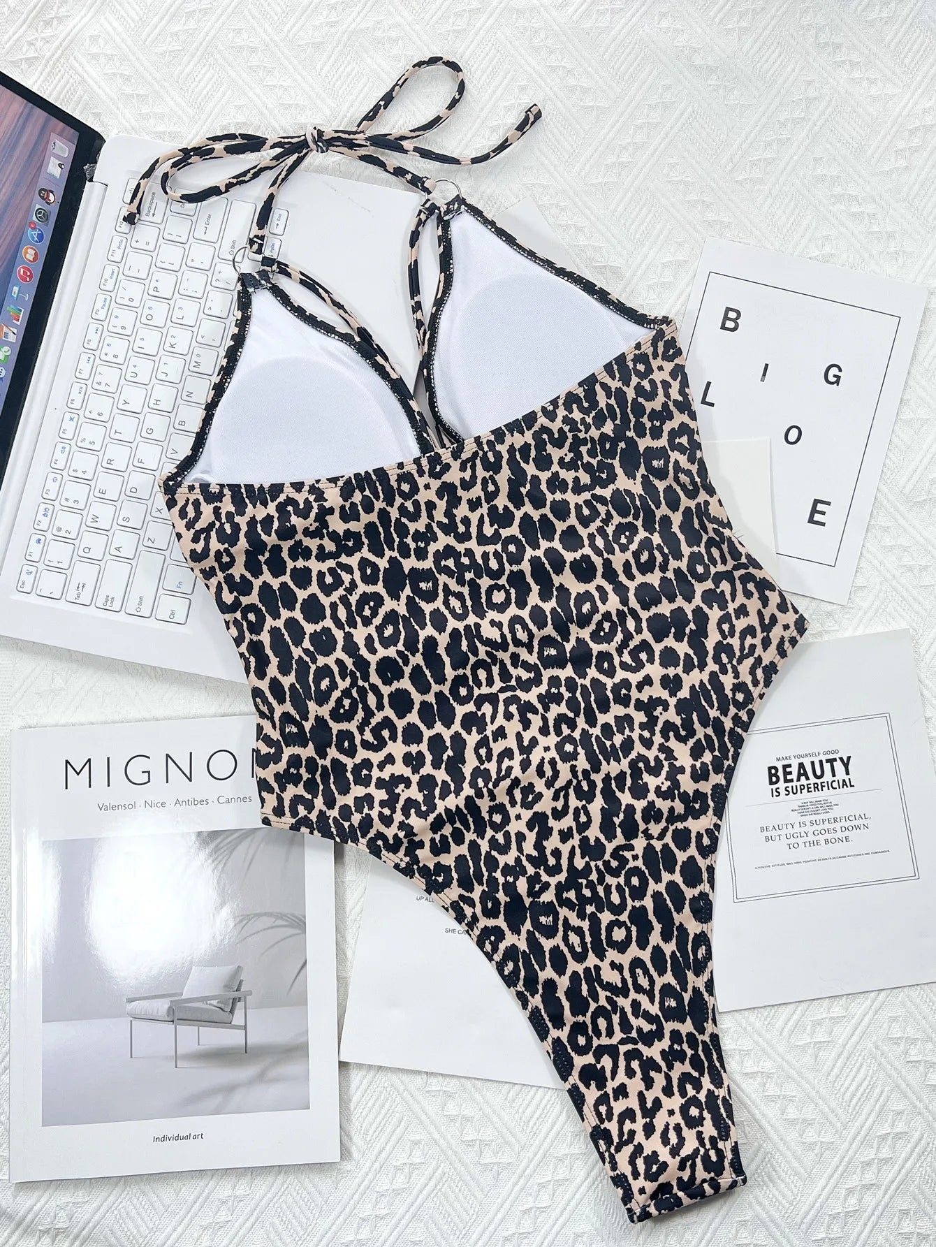2026 New Sexy One Piece Swimsuit Swimwear Women Leopard Hollow Halter One-piece Bathing Suit Beachwear Metal Ring Decor Bikinis