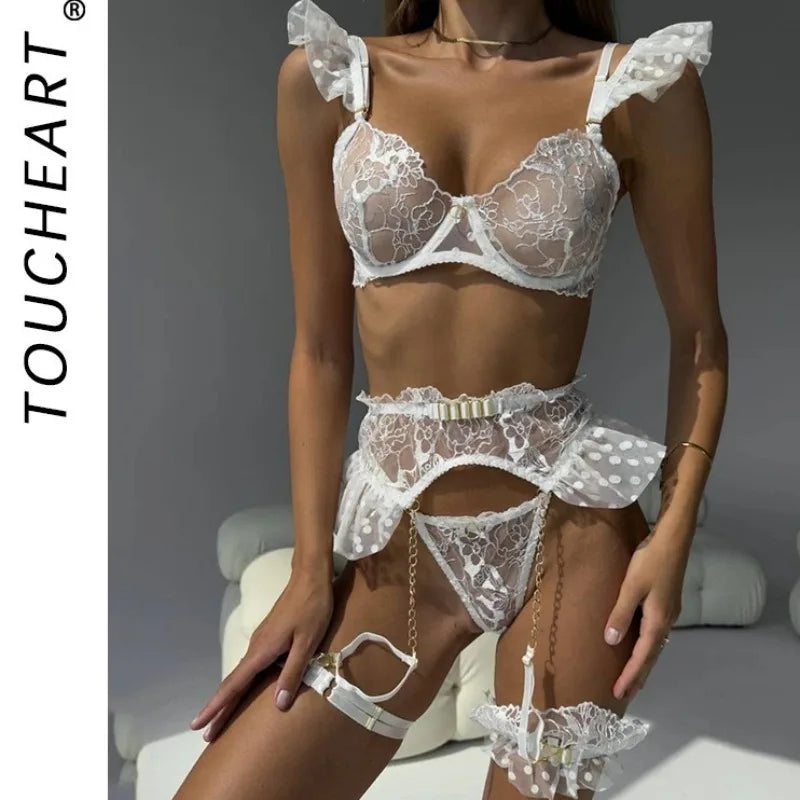 Toucheart 7PCS Women Sexy Lace See-through Hollow Out Interesting Underwear Garters Slim Backless Spaghetti Strap Sexy Mesh Set