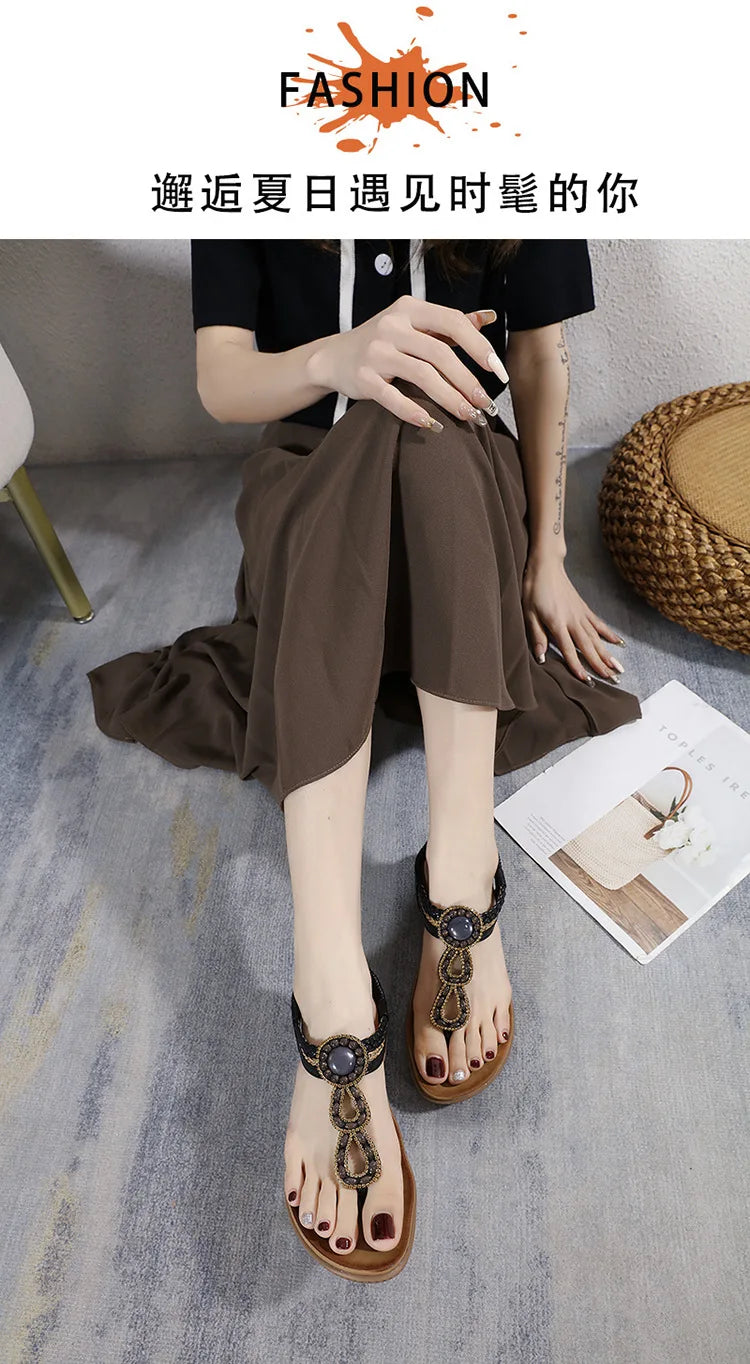 2026 New Shoes for Women Bohemia Crystal Sandals Women Shoes Rhinestone Lady Flip Flops Pearl Slip on Flat Beach Shoes