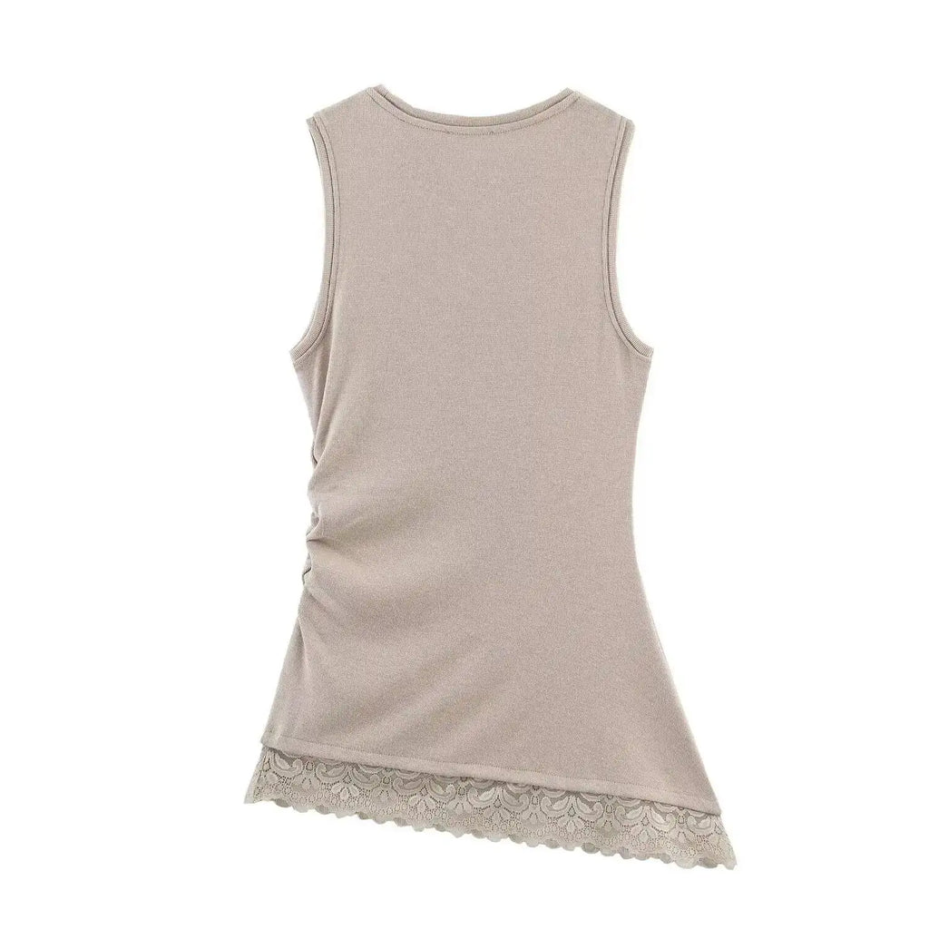 Women's Fashionable  Casual Pleated Lace Top Women Ruched Side Lace Trim Sleeveless Tank Top Casual Slim Fit Basic Tops 1JTD