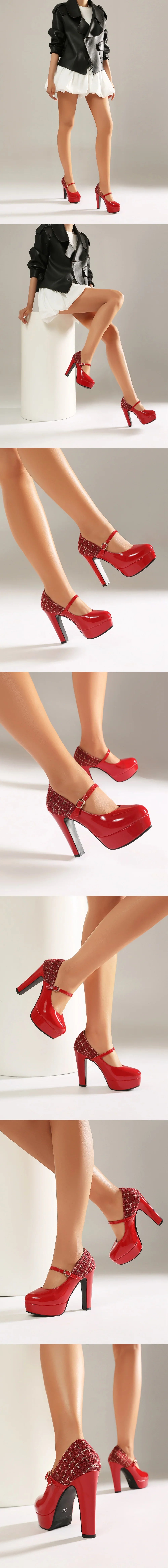 Sexy Black Faux Suede Double Buckle Straps Platform Mary Jane Pumps High Heels Wedding Club Daily Dress Shoes Women Plus Size 48