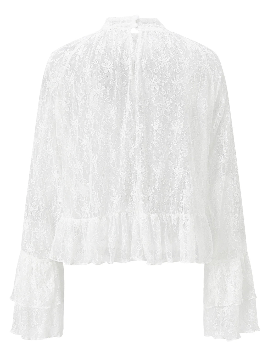 Womens Lace Floral Sheer Blouse Flare Long Sleeve Mock Neck Ruffle Peplum Hem Cropped Shirts Elegant Sexy Cover-ups Tops