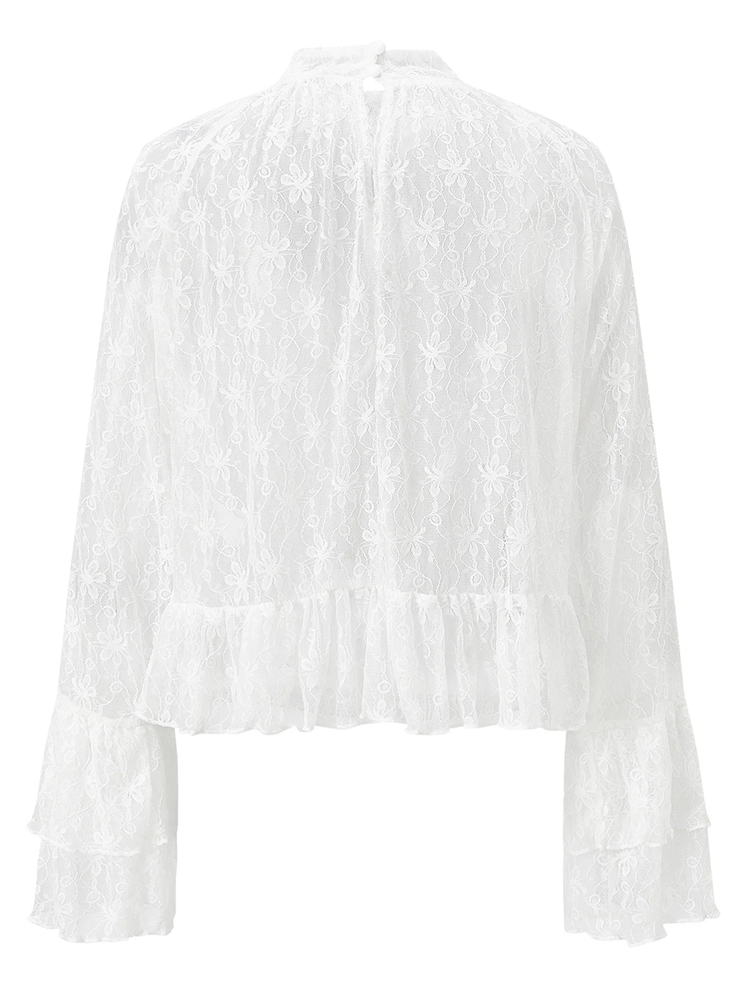 Womens Lace Floral Sheer Blouse Flare Long Sleeve Mock Neck Ruffle Peplum Hem Cropped Shirts Elegant Sexy Cover-ups Tops