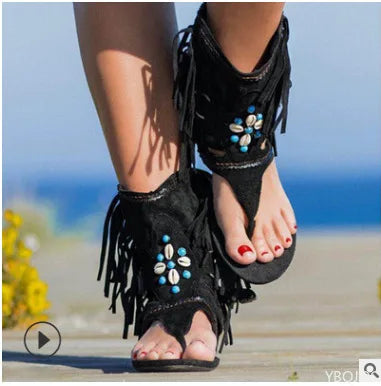 Retro Women Fringe Flower Wedges Shoes 2022 Solid Flock Beach Casual Sandals Women Summer Flip Flop Sandals