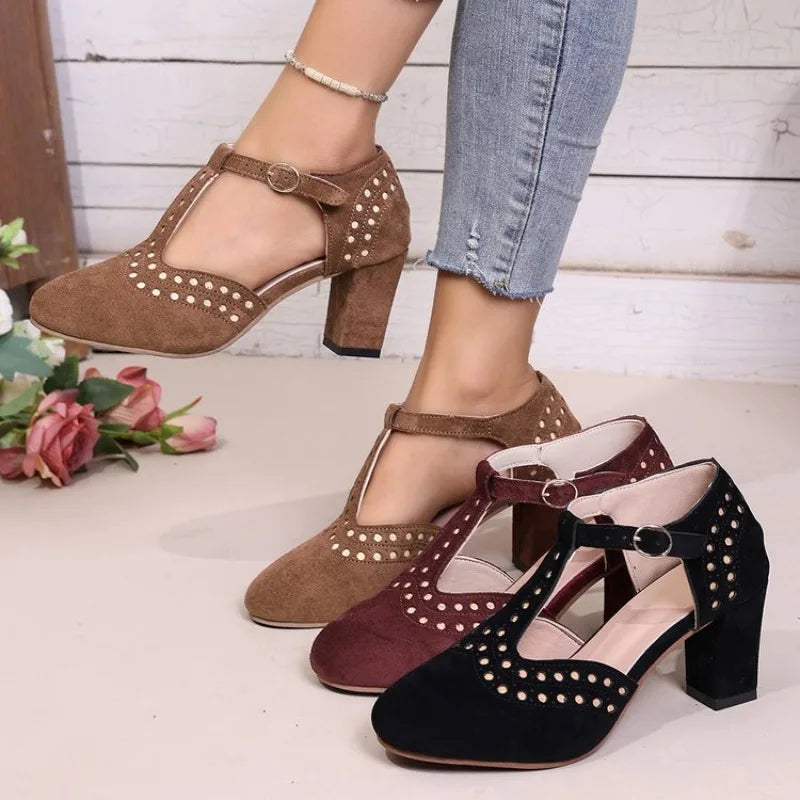 2026  Women Sandals Fashion  Round Toe Hollow Thick Heel Sandals Casual Summer Shoes