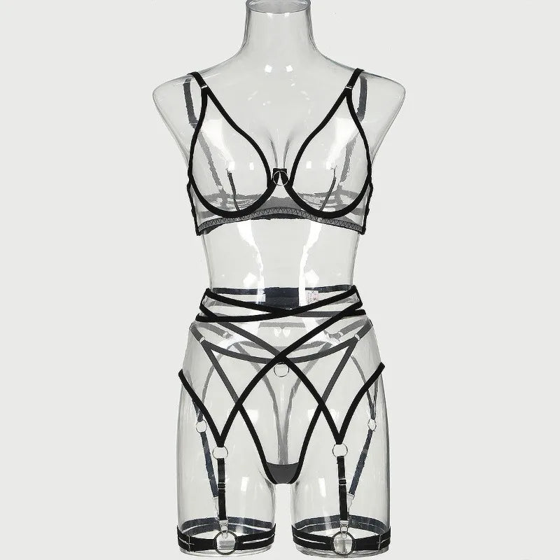 Toucheart 4 Piece Set Bra Set Nude See-Through Mesh Contrasting Color Hemmed Sexy Underwear For Women Girdle Garter Belt Suit