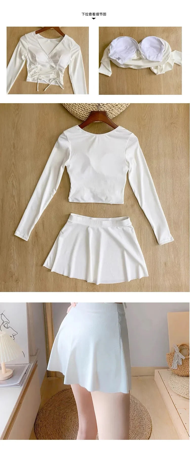 Split Swimsuit Women's Two-piece Solid Color Skirt Style Fairy Style Long Sleeved Sunscreen Sports Flat Pants Swimsuit