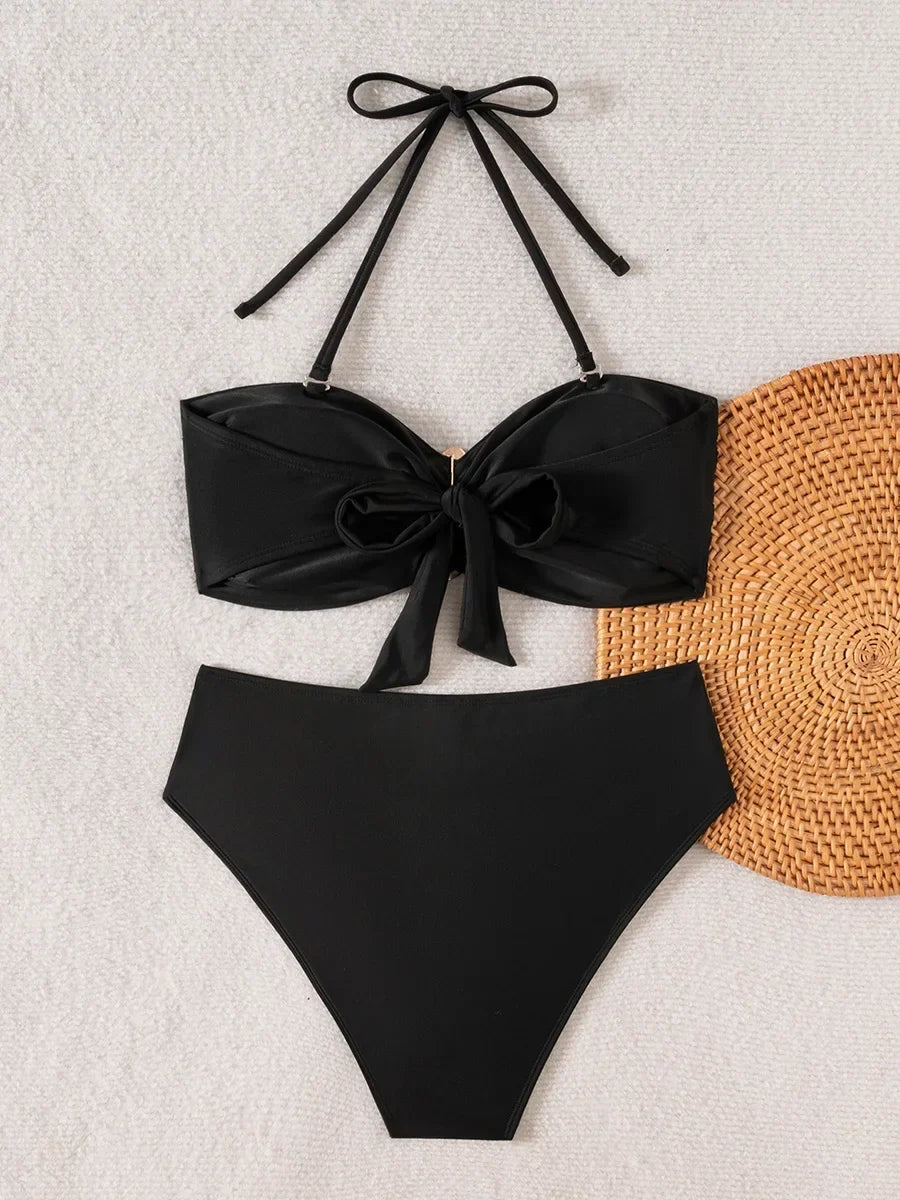 S - XL Metal Rings Halter Female Swimsuit High Waist Bikini Women Swimwear Two-pieces Bikini set Bather Bathing Suit Swim Lady