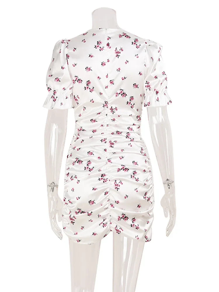 Ahagaga Elegant Women's Mini Dresses Short Puff Sleeves Deep V-Neck Print Pleated Sheath Bodycon Sexy Floral Casual Vestidos