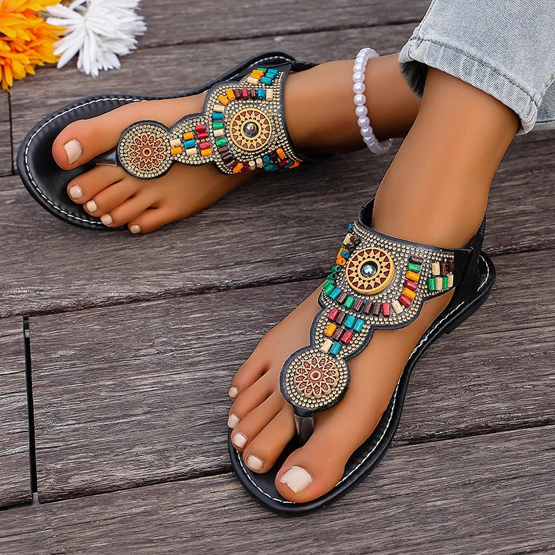Bohemia Style Flat Heel Sandals for Women Fashion Bead Clip Toe Beach Sandles Woman Plus Size 43 Lightweight Gladiator Sandalias