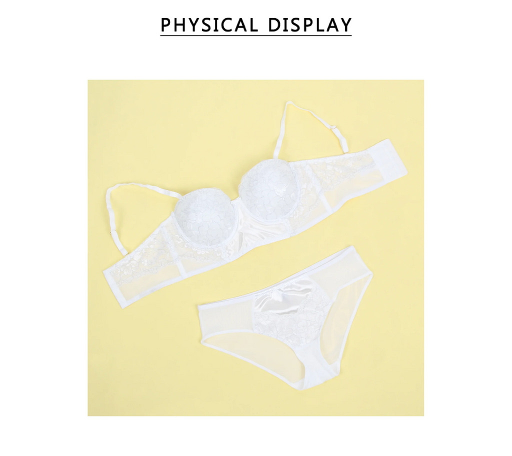 White Lace Bra Set for Women Push Up Mesh Chiffon Silk Like Underwire Adjustable Back Closure Bralette with Panties