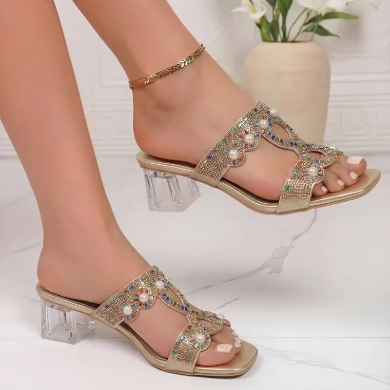 2026 Summer Women Shoes Fish Mouth Diamond Elegant Thick High Heels Sandals Medium Heel Fashion Leisure Rhinestone Party Sandals